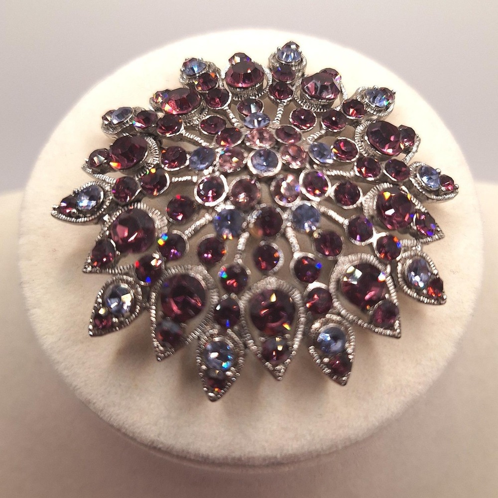 Vintage Atomic starburst brooch rhinestones purple magenta multi level celestial